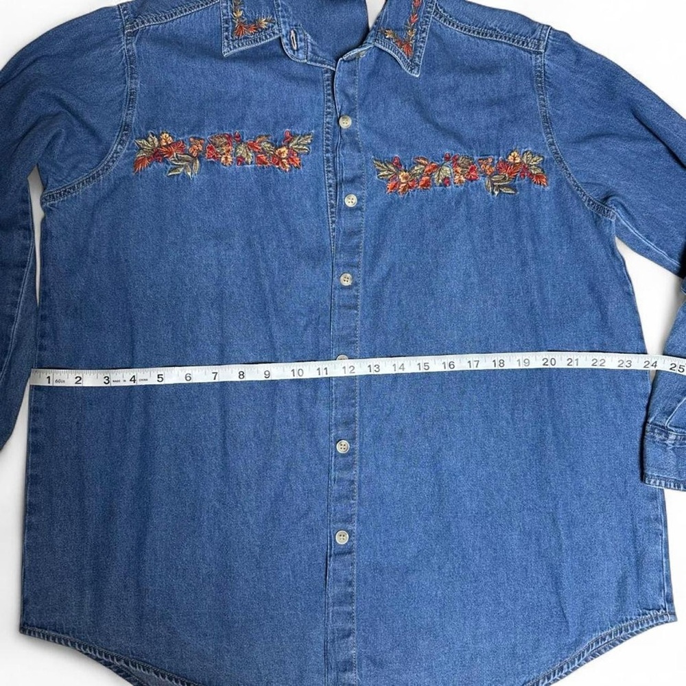 Vintage Embroidery Blue Denim Shirt Long Sleeve / Cotton - Picture 6 of 9